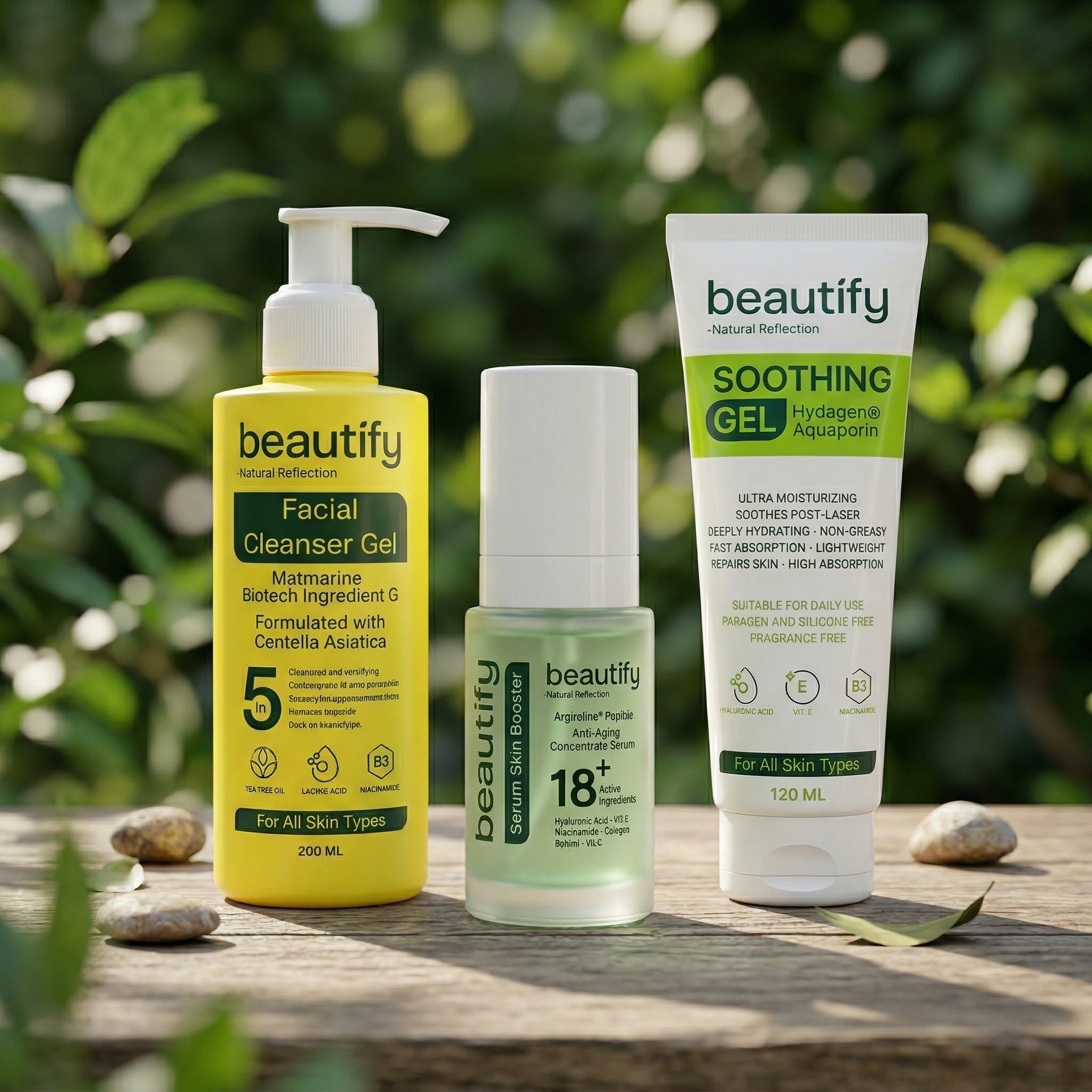 روتين تنظيف وتجديد البشرة ( سيرم سكين بوستر + غسول الوجه 200ML + جل الترطيب 120 ML ) 